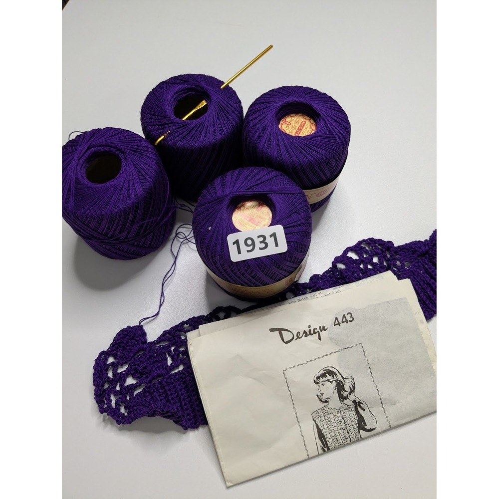 Crochet Thread J&P‎ Coats Purple 4 Spools Hook Pattern Design 443 Kit
